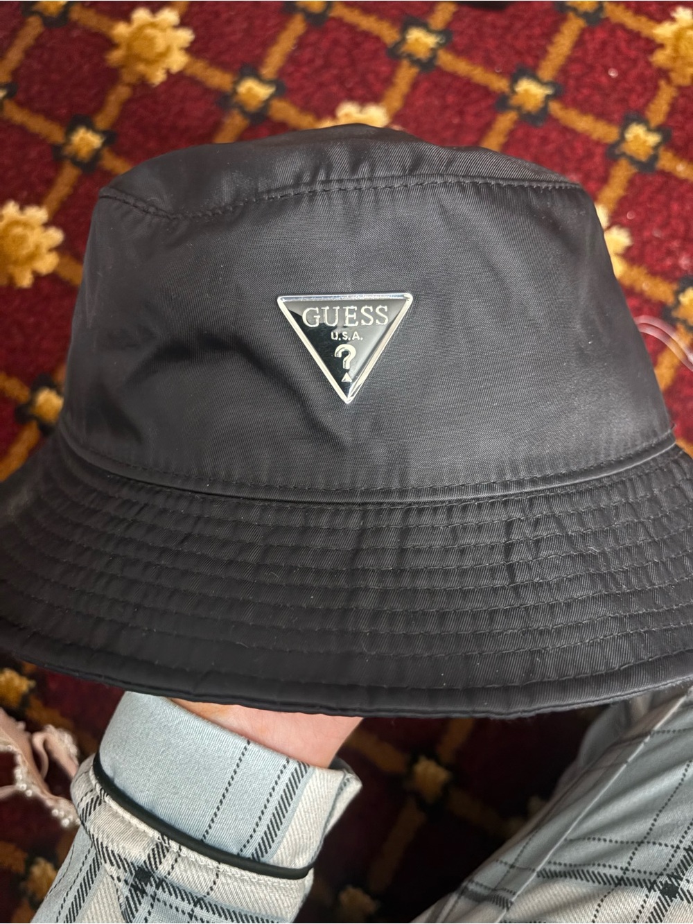 GUESS Black Bucket Hat with Silver Triangle Logo